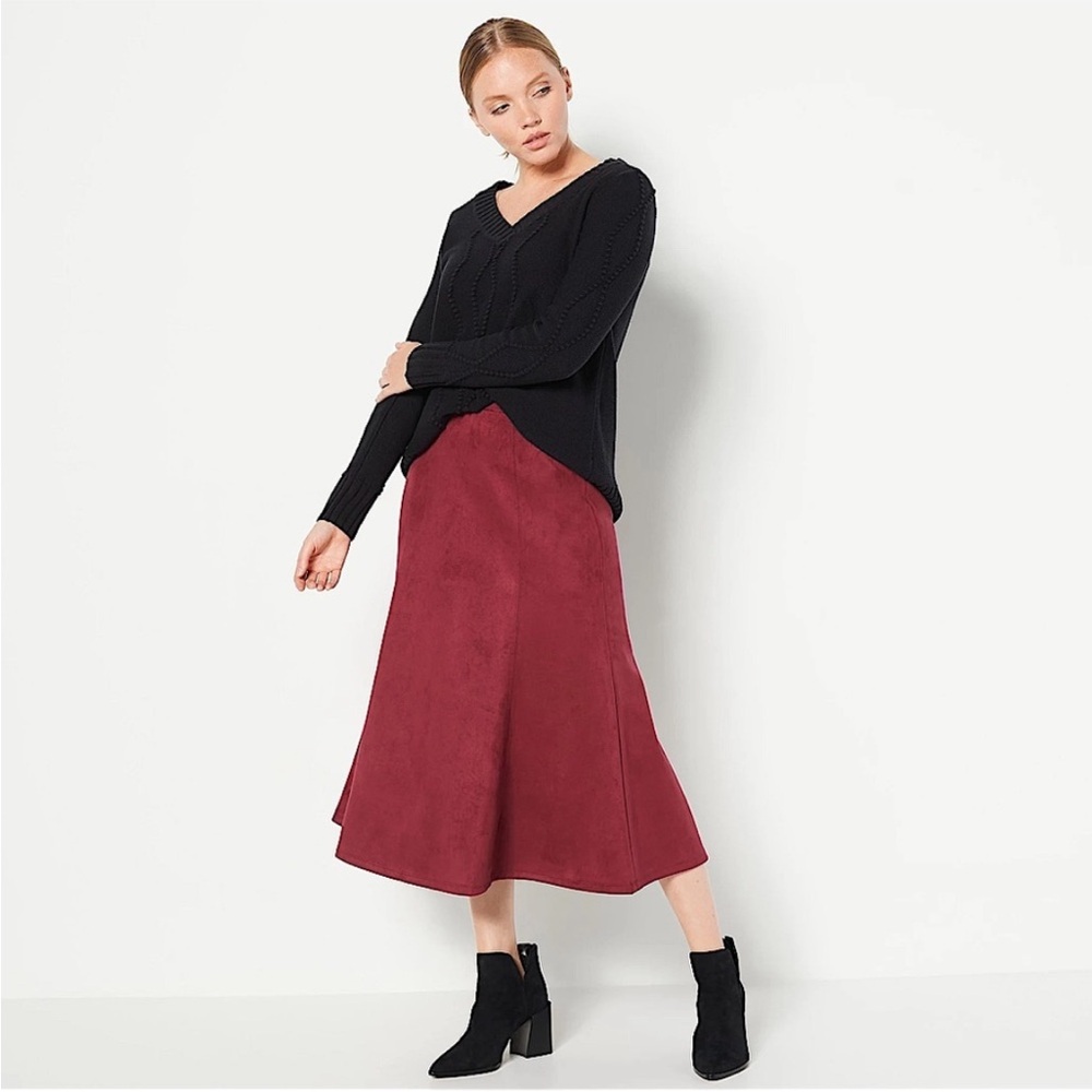NWT Jason‎ Wu | Women’s Burgundy Faux Suede A-Line Elastic Waist Midi Skirt Sz S